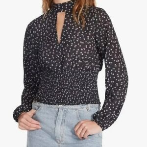 Steve Madden Black and White Smocked Long Sleeve Blouse